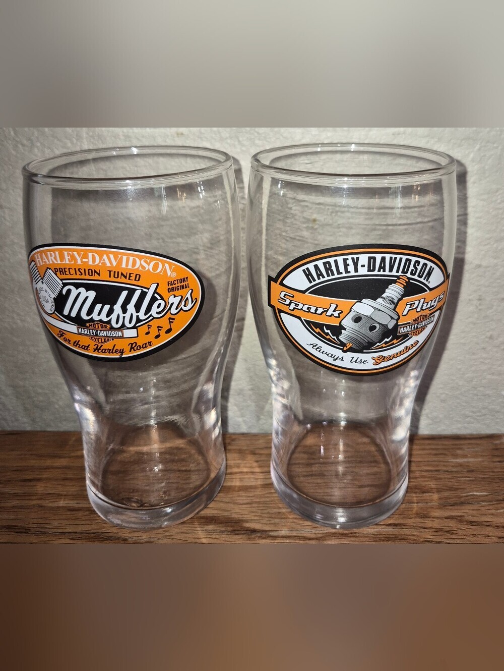 2 Harley-Davidson Beer Glasses 14oz Mufflers Logo